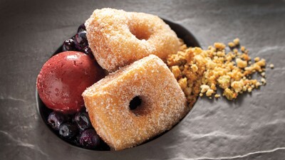 2 donuts dusted with sugar, served with berries and a scoop of sorbet