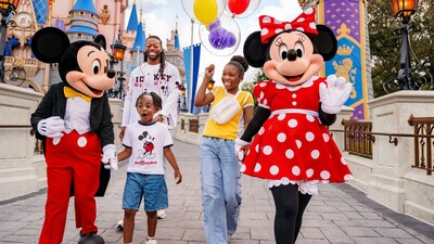 A father and 2 children walking and holding hands with Mickey Mouse and Minnie Mouse in front of Cinderella Castle at Magic Kingdom park