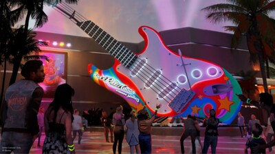 Guests gathering near the giant electric guitar outside Rock n’ Roller Coaster Starring the Muppets, at Disney’s Hollywood Studios