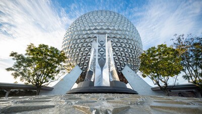 The prism pylon fountain in front of Spaceship Earth at Epcot