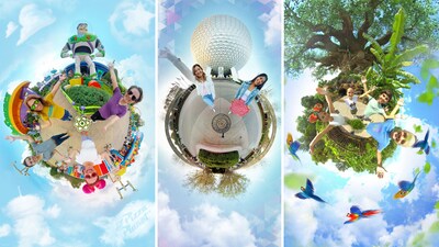 trio of images featuring the 360 degree Tiny World effect shows Guests posing at Disney’s Hollywood Studios, Epcot and Disney’s Animal Kingdom theme park