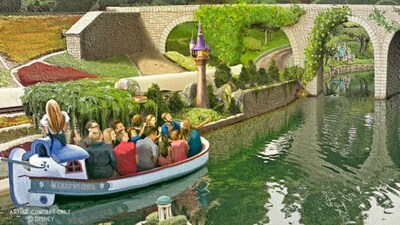 An illustrated rendering of Guests navigating along the Storybook Land Canal Boats attraction watching a miniature of Rapunzel’s Tower from Walt Disney Animation Studios’ Tangled