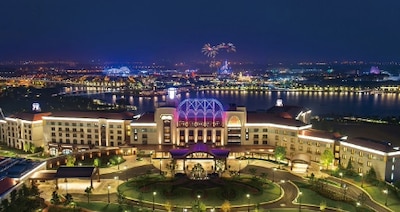 The exterior of Shanghai Disneyland Hotel in Shanghai Disney Resort at night