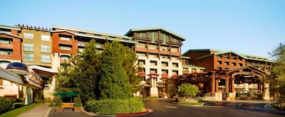 The exterior of Disney’s Grand Californian Hotel and Spa, and the Disney Monorail that passes through it