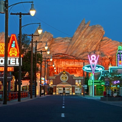 The main road in the middle of Radiator Springs at Disney California Adventure Park