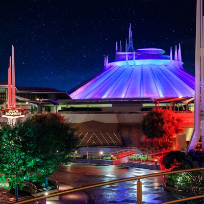 The futuristic exterior of Space Mountain