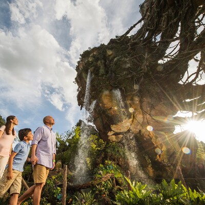 Una familia de 4 mira con asombro las majestuosas montañas flotantes de Pandora–The World of Avatar