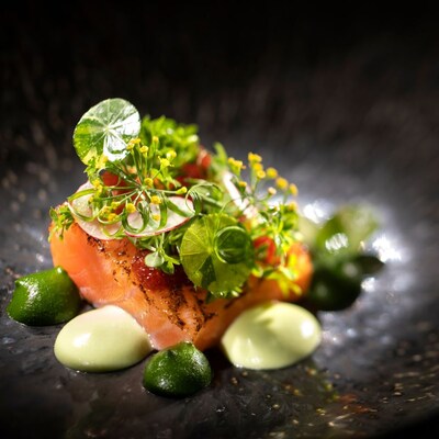 Un morceau de saumon poêlé garni d’herbes fraîches, de fleurs comestibles, de tranches de radis et de sauce