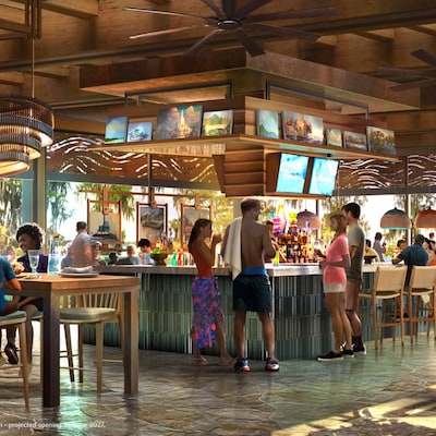 Artist rendering of Guests dining and drinking at an open air bar at Disney Lakeshore Lodge
