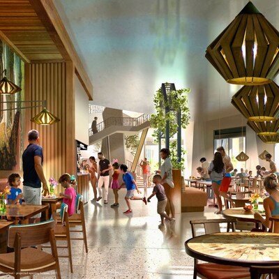 Families dining in a spacious restaurant at Disney Lakeside Lodge
