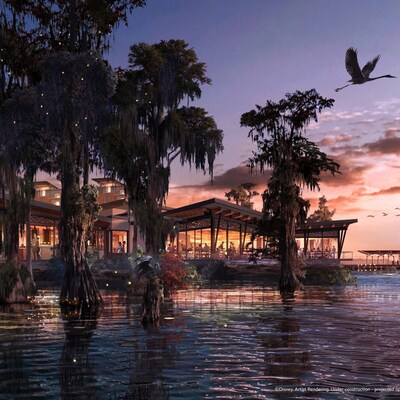 Disney Lakeshore Lodge at dusk with palm trees and herons flying overhead