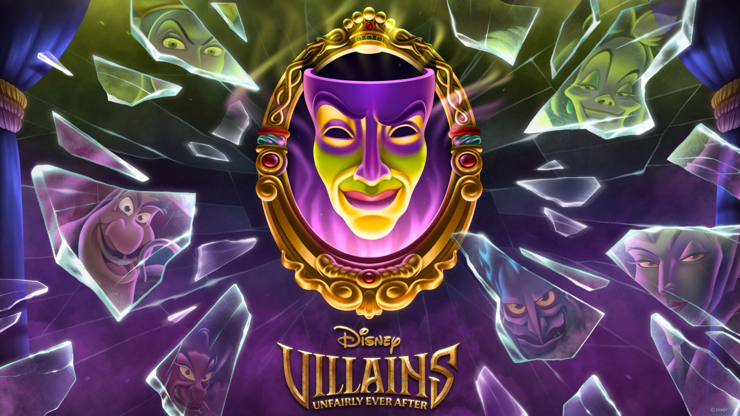 A promotional banner for Disney Villains, Unfairly Ever After, featuring broken shards of glass displaying the faces of various Disney villains