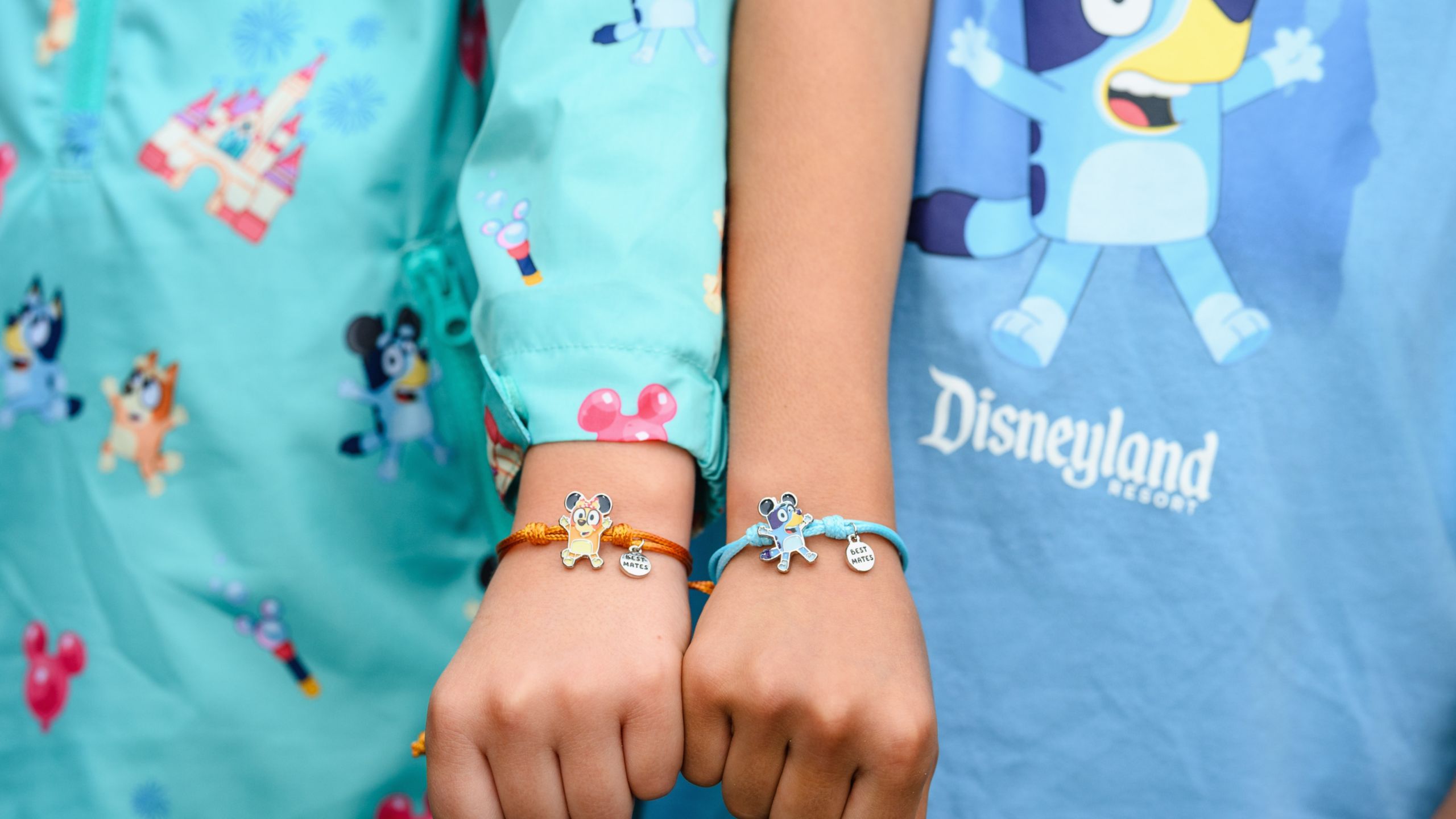 The arms of 2 kids wearing Bluey and Bingo Best Mates charm bracelets at Disneyland Resort