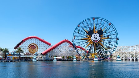 A view of Pixar Pal A Round Swinging and the Incredicoaster at Pixar Pier