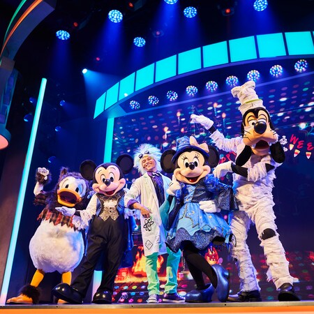Mickey Mouse and friends performing in the Mickey’s Trick and Treat stage show at Disney California Adventure Park