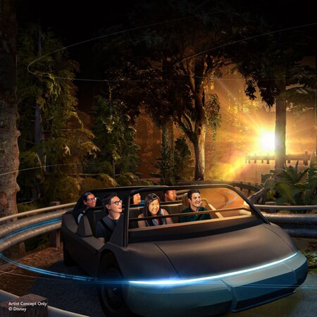 Una representación artística de un grupo de Visitantes a bordo de Test Track, presentada por General Motors