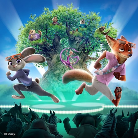 A digital rendition of animals enjoying a scene from the Zootopia Better Zoogether 4D show featuring Judy Hopps, Nick Wilde and other Zootopia characters