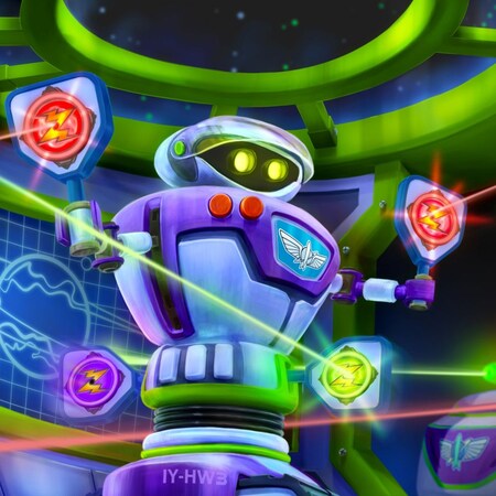 The arms of 2 Guests blasting lasers towards Zurg while riding Buzz Lightyear's Space Ranger Spin