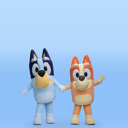 Bluey and Bingo standing together while holding hands