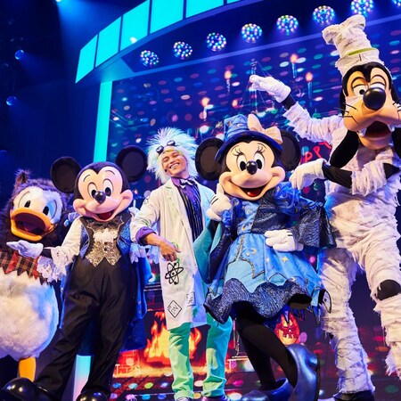 Mickey Mouse and friends performing in the Mickey’s Trick and Treat stage show at Disney California Adventure Park