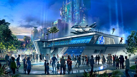 An artist's rendering of the Avengers Campus exterior at night