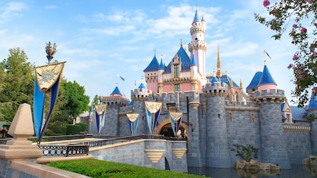 Surrounded by water, Sleeping Beauty Castle features a flag lined bridge leading up to its entrance