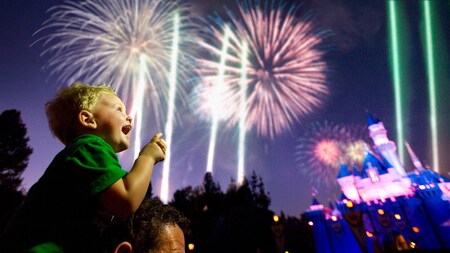 Los fuegos artificiales iluminan el cielo nocturno sobre el Castillo de Cenicienta situado al final de Main Street U.S.A., que está decorada con faroles en forma de Mickey Mouse iluminados