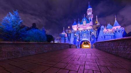 Sleeping Beauty's Castle sparkles with lights at night