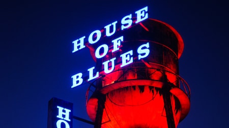 House of Blues sign lit up after dark
