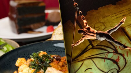 A bowl of shrimp and vegetables and an aerial acrobat hanging from a rope in the air in front of a sketch of Pinocchio