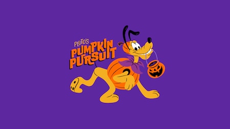 A promotional banner for Pluto’s Pumpkin Pursuit featuring Pluto in a pumpkin Halloween costume