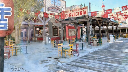 Representación de Port of San Fransokyo Cerveceria y su patio exterior