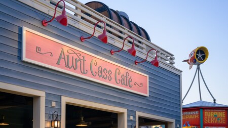 An outside view of Aunt Cass Cafe, located in San Fransokyo Square at Disney California Adventure Park