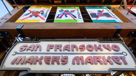 Outdoor signage for San Fransokyo Makers Market, a shop located in San Fransokyo Square at Disney California Adventure Park