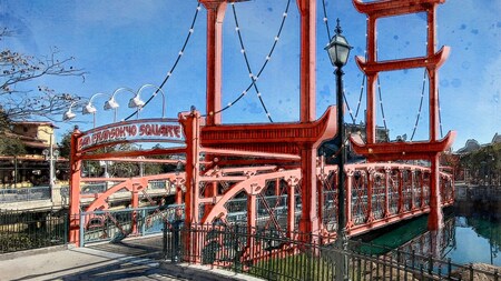 Representación artística del puente colgante de San Fransokyo