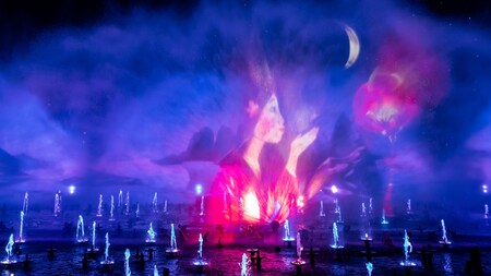 A projection of Mulan on a curtain of water spray at Hurry Home, A Lunar New Year Celebration