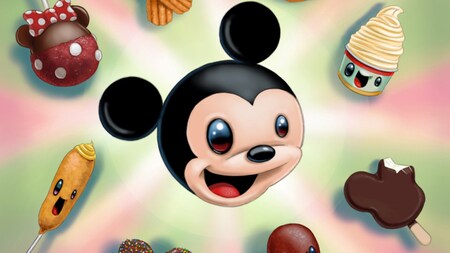 Illustrations of whimsical Disney inspired objects, including a corn dog with a face, a smiling cup of soft serve and a Mickey Mouse head