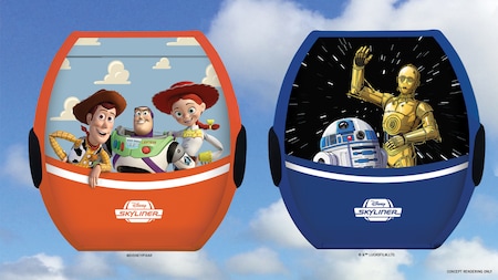 An illustration of 2 aerial gondolas transporting Woody, Jessie, Buzz, C3PO and R2D2
