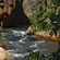 A circular raft spins down rapids in a jungle river.