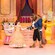 A scene from the Beauty and the Beast Live on Stage show featuring Missus Pott, Chip, Belle, Beast, Lumiere and Cogsworth