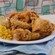 Fried chicken, corn and mashed potatoes with gravy
