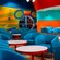 Padded chairs around low tables at Everything Pop Shopping & Dining in Disney’s Pop Century Resort	