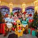 Goofy dressed in a festive outfit and posing for a photo in Goofy’s Kitchen decorated for the holidays at the Disneyland Hotel