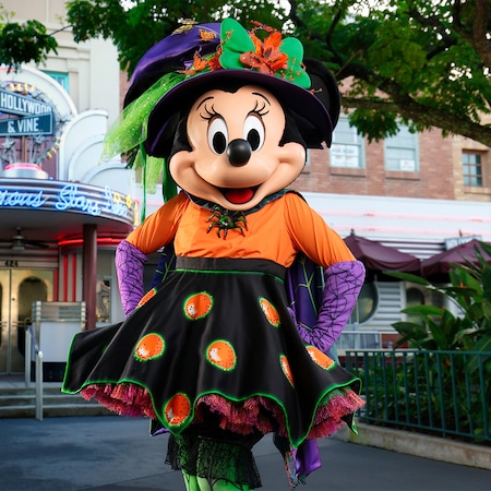 Minnie Mouse poses in formal Halloween attire in front of Hollywood and Vine