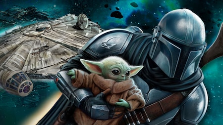 The Mandalorian holding Grogu in his arms as the Millennium Falcon flies through deep space
