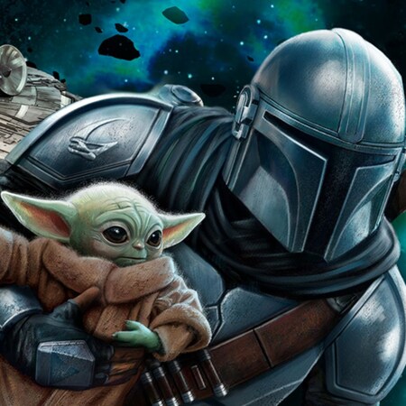 The Mandalorian holding Grogu in his arms as the Millennium Falcon flies through deep space