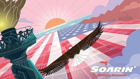 Le logo de Soarin’ Across America avec le flambeau de la Statue de la Liberté et un aigle à tête blanche survolant le drapeau américain