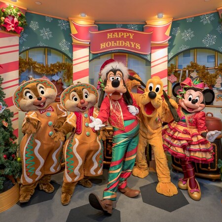 Chip n Dale, Goofy, Pluto and Minnie Mouse wearing holiday themed outfits  