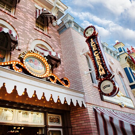 Ice cream sundaes sign at the Gibson Girl Ice Cream Parlor on Main Street, U.S.A. in Disneyland Park