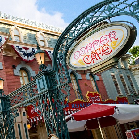 Sign for Corner Cafe and Coca-Cola Refreshment Corner on Main Street, U.S.A. at Disneyland Park